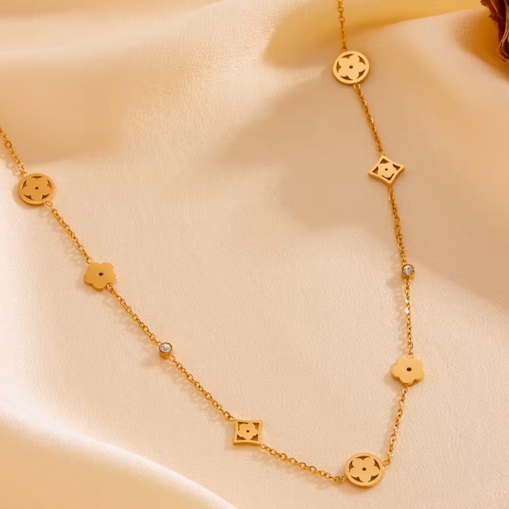 Gold Stainless Steel Clover Rhinestone Pendant Idylle Blossom Monogram Necklace - Picture 8 of 10